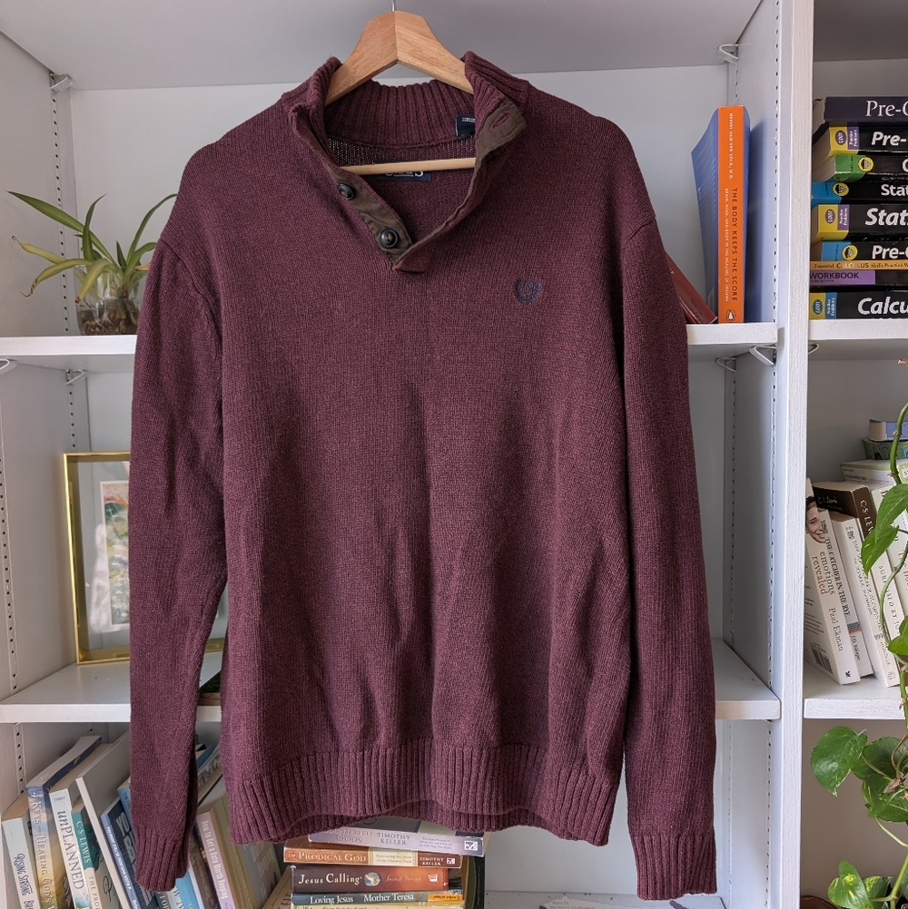 Chaps Men's Knit Henley Sweater in Burgundy Red Embroidered Logo Size Large